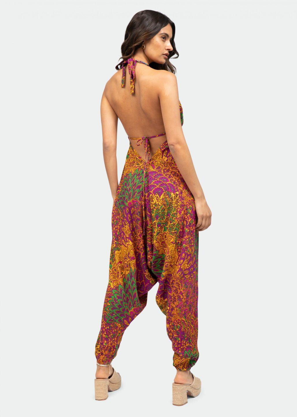 Halter Harem Jumpsuit Peacock Print Fuchsia