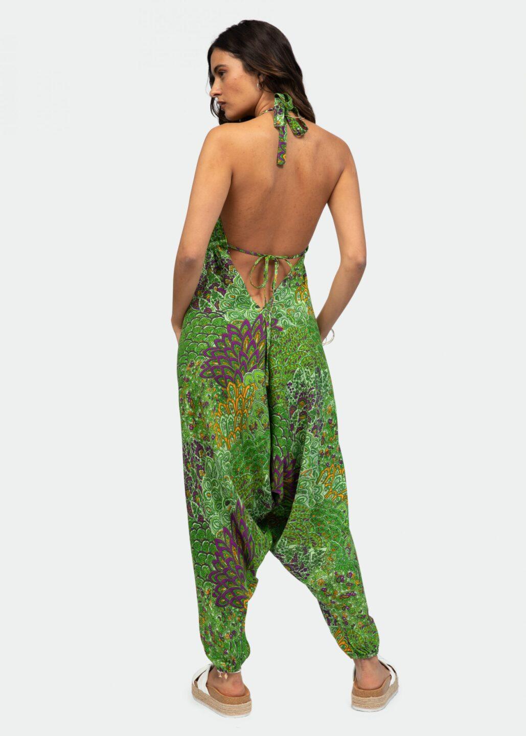 Halter Harem Jumpsuit Peacock Print Green