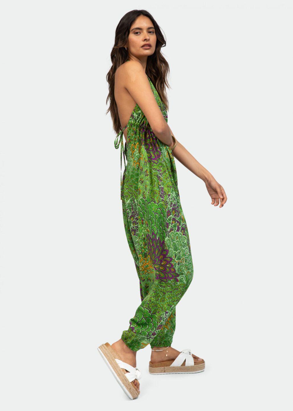 Halter Harem Jumpsuit Peacock Print Green