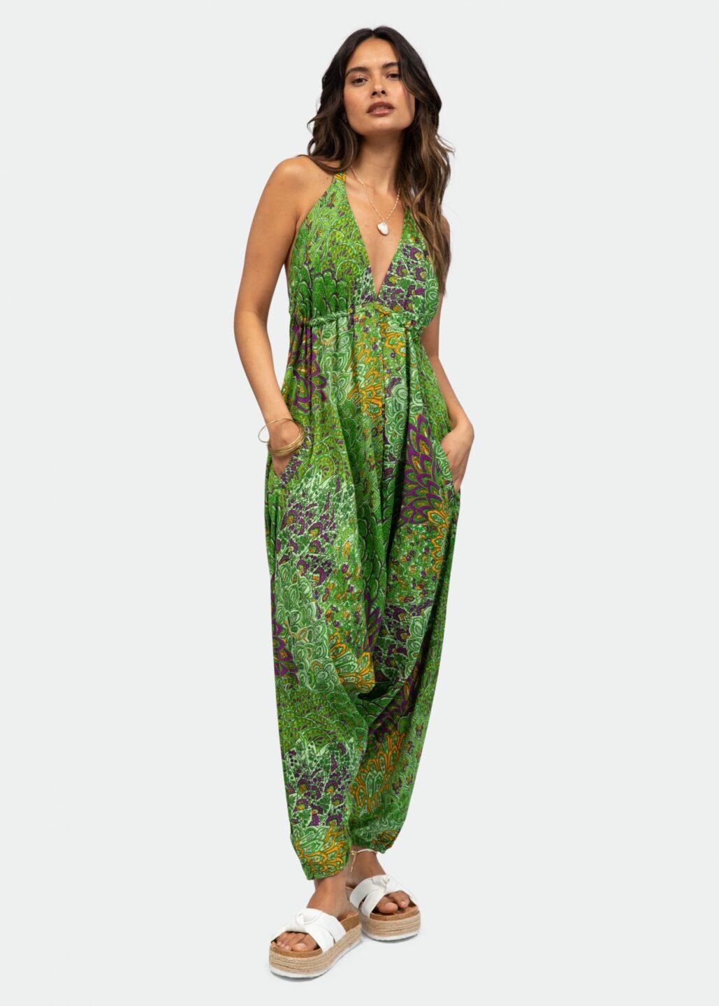 Halter Harem Jumpsuit Peacock Print Green