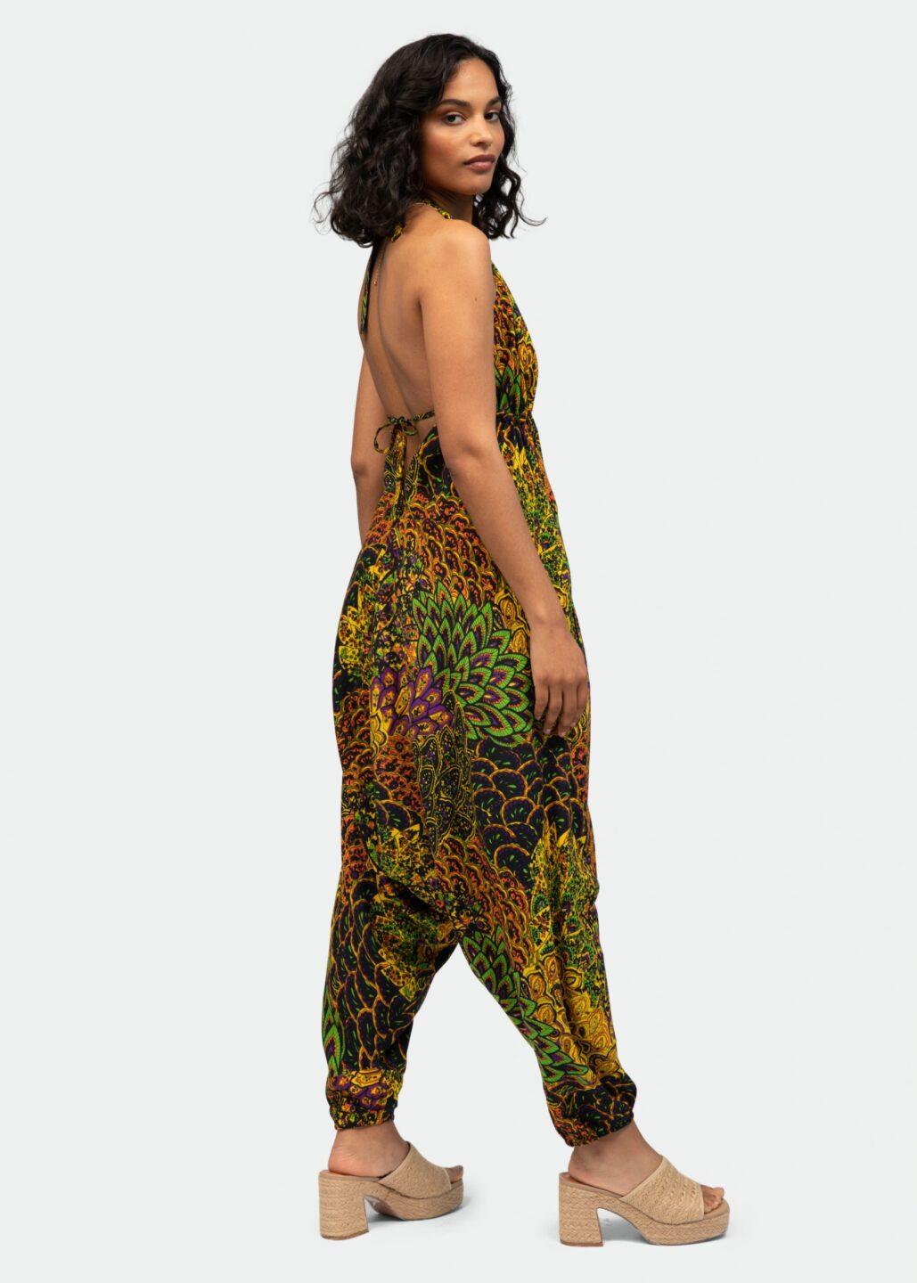 Halter Harem Jumpsuit Peacock Print Navy & Yellow