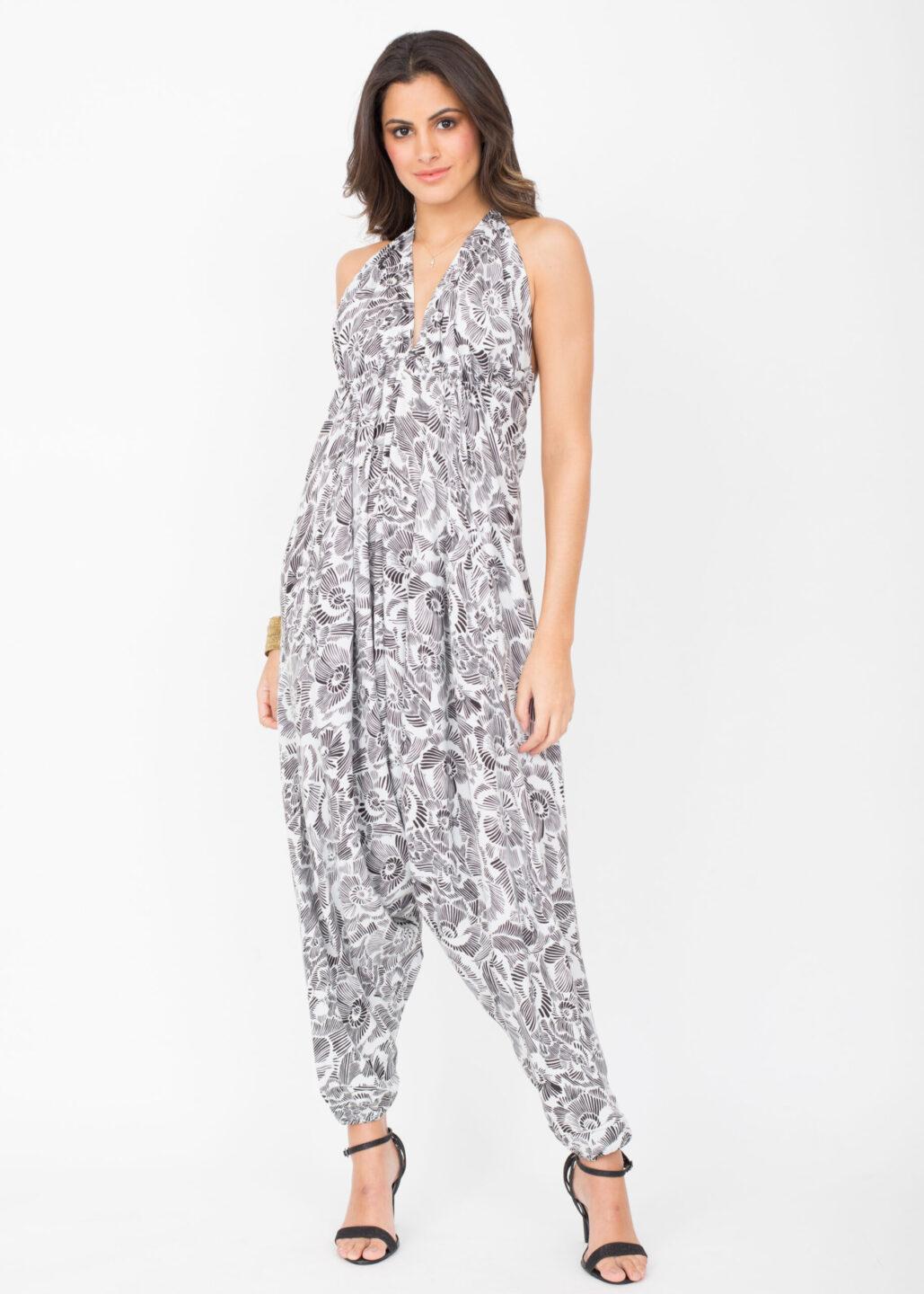 Halter Harem Printed Jumpsuit White Florals