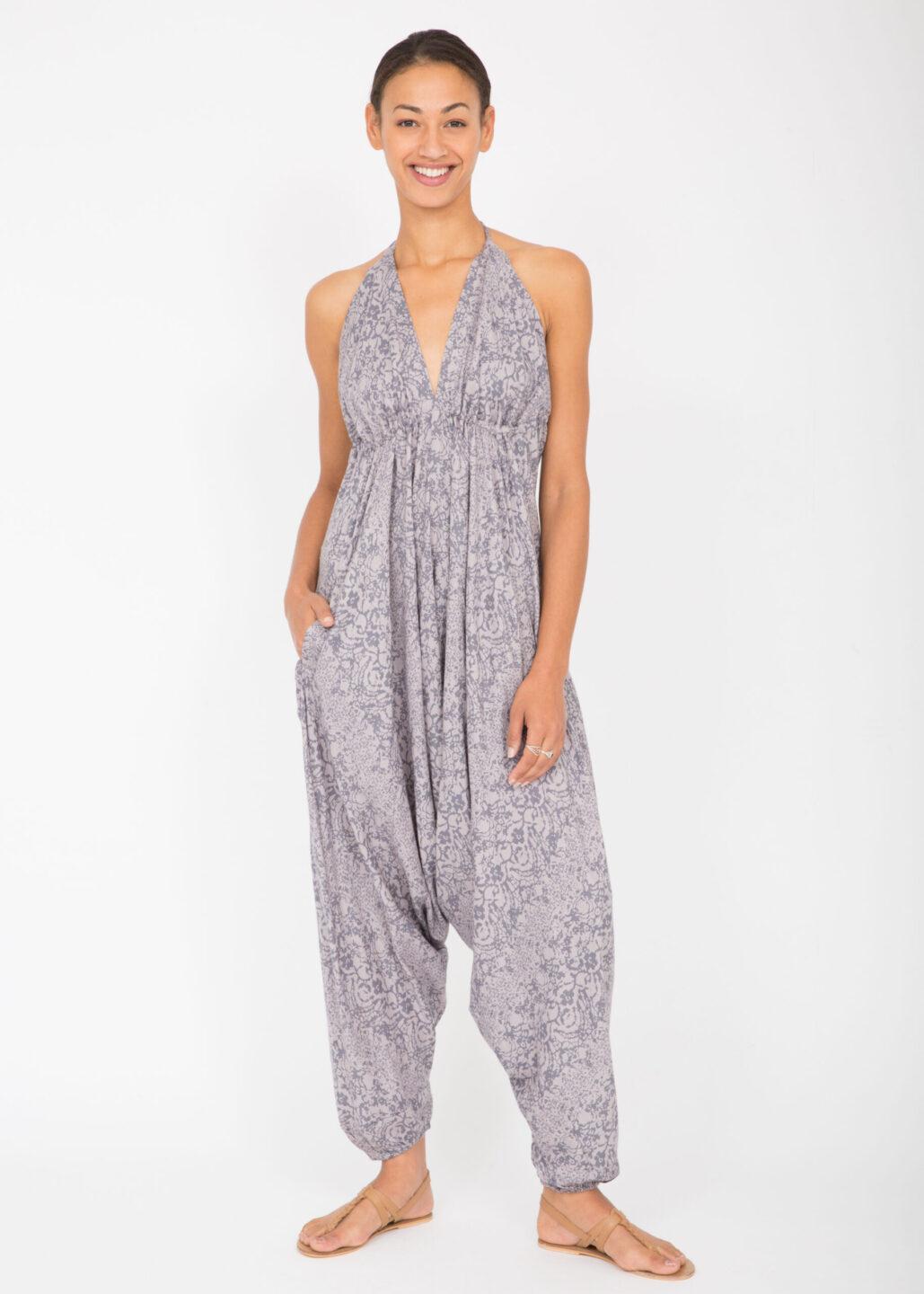 Halter Harem Printed Jumpsuit Grey Abstract