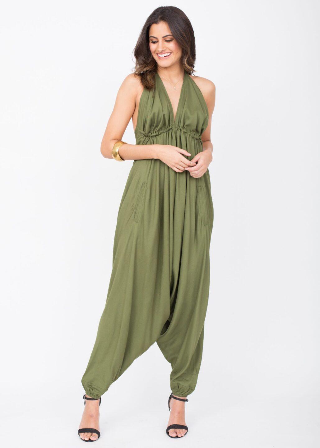 Halter Harem Romper Jumpsuit Olive Green