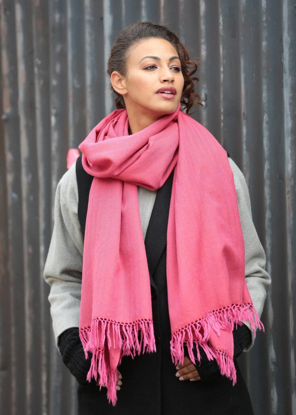 Herringbone Handloom Merino Wool Pashmina Scarf Coral 200 X 75cm