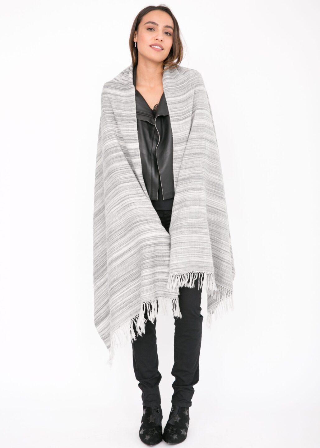 Merino Wool Handspun Stripey Oversize Scarf Grey 75 X 200cm