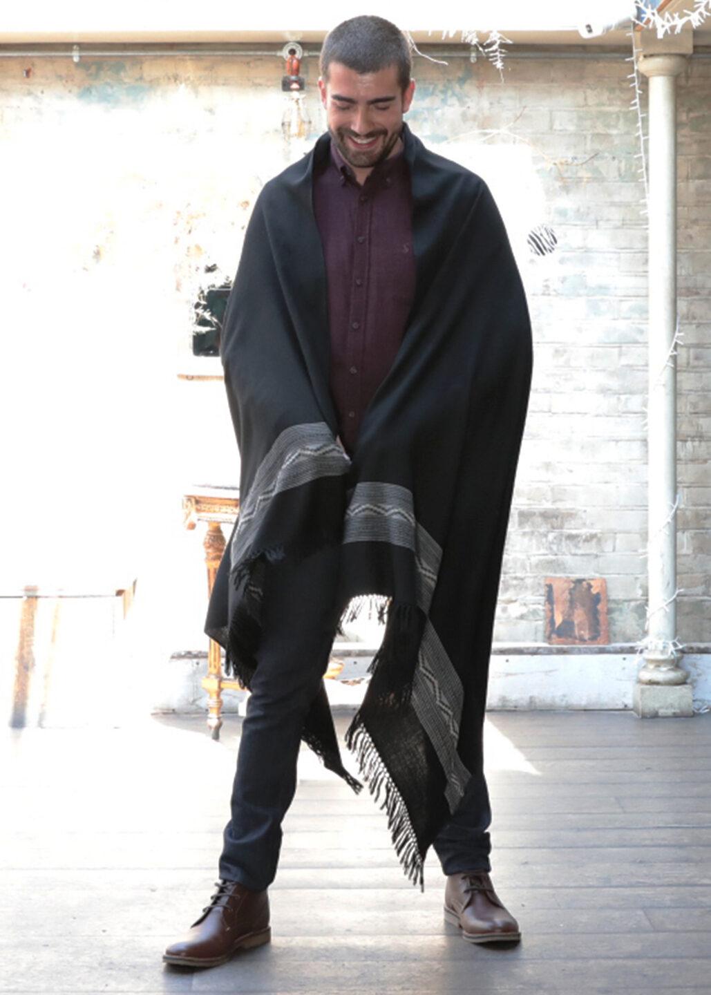 Handwoven Merino Wool Men's Blanket Scarf with Himalaya Border in Black