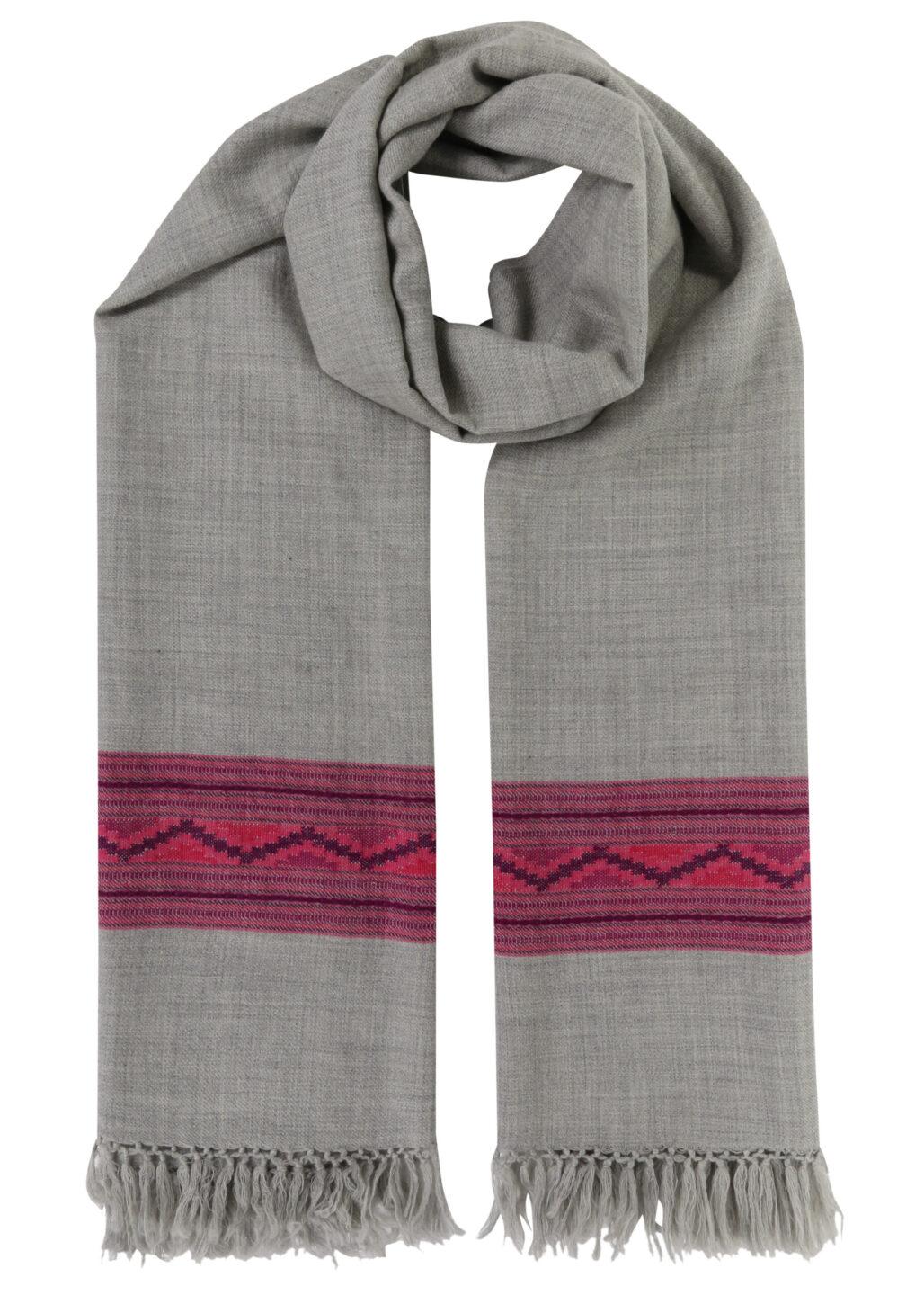 Handwoven Merino Wool Men's Blanket Scarf with Himalaya Border in Grey