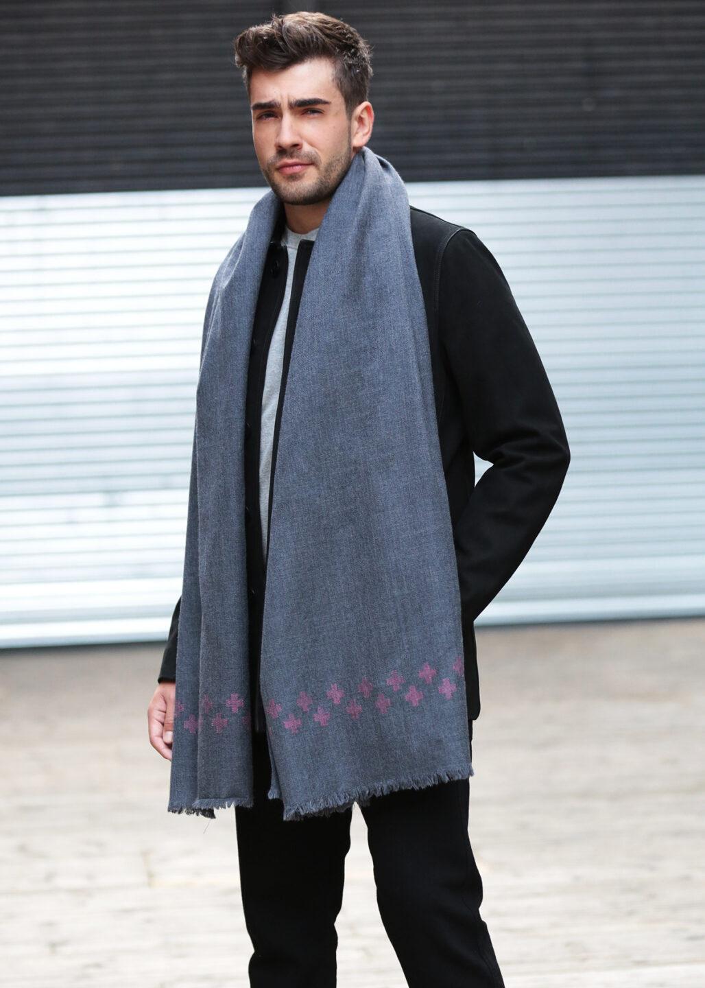 Handwoven Oversize Blanket Scarf with Crosses 100 X 200cm Grey