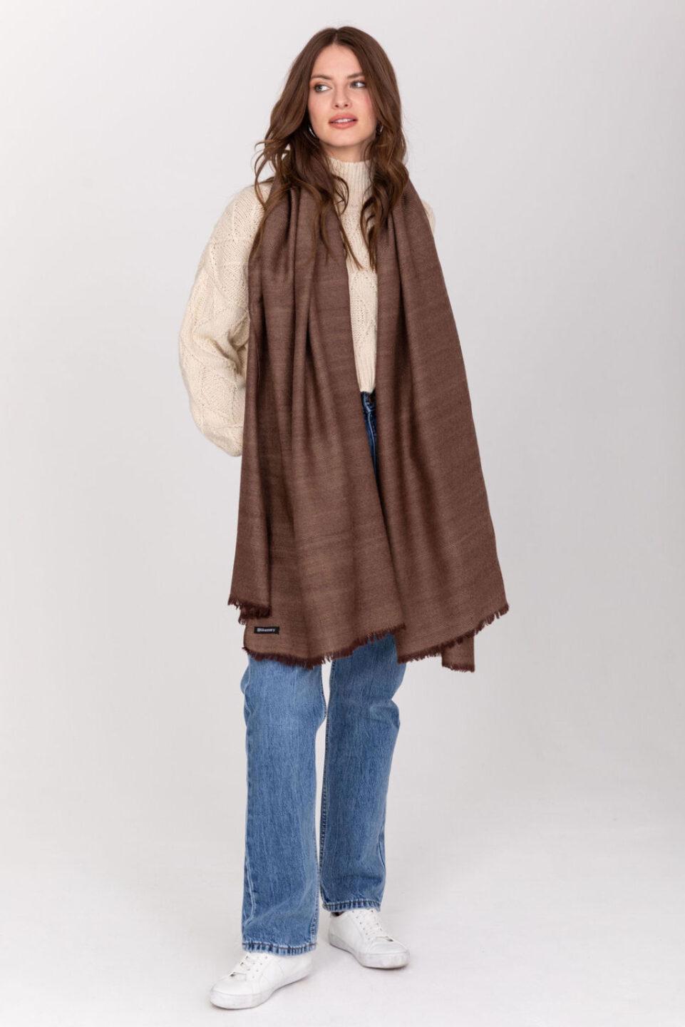 Ethically Handwoven Merino Wool Blanket Scarf in Brown Twill Mix