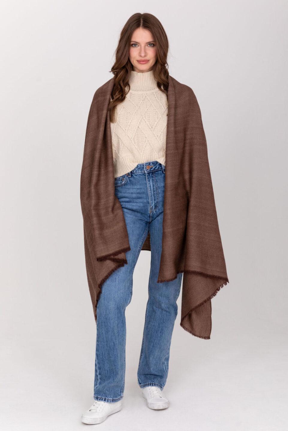 Ethically Handwoven Merino Wool Blanket Scarf in Brown Twill Mix