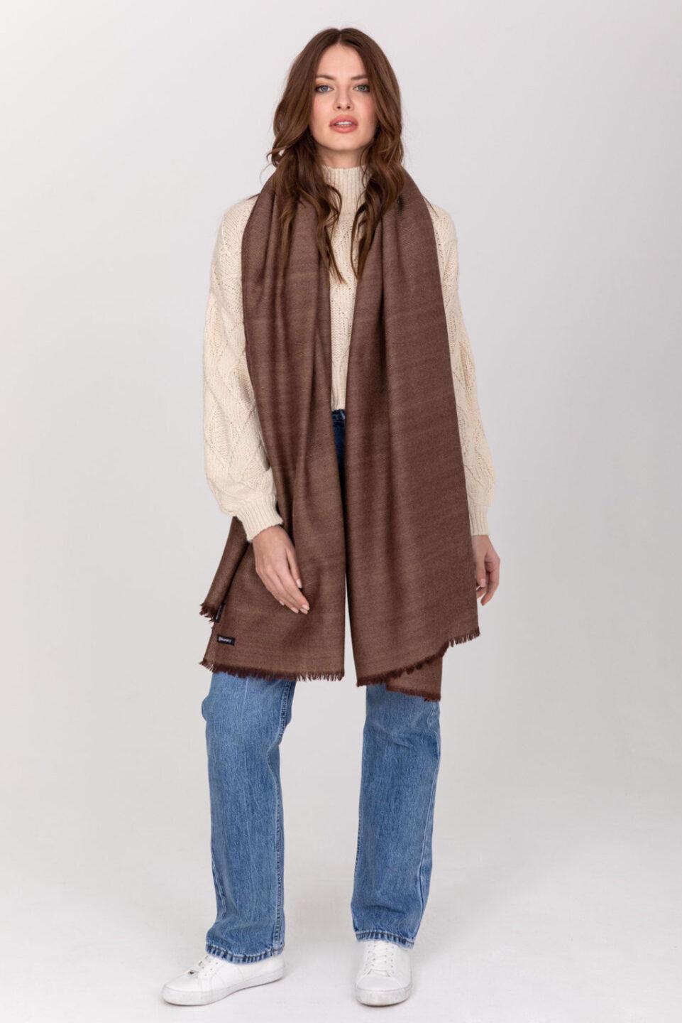 Ethically Handwoven Merino Wool Blanket Scarf in Brown Twill Mix