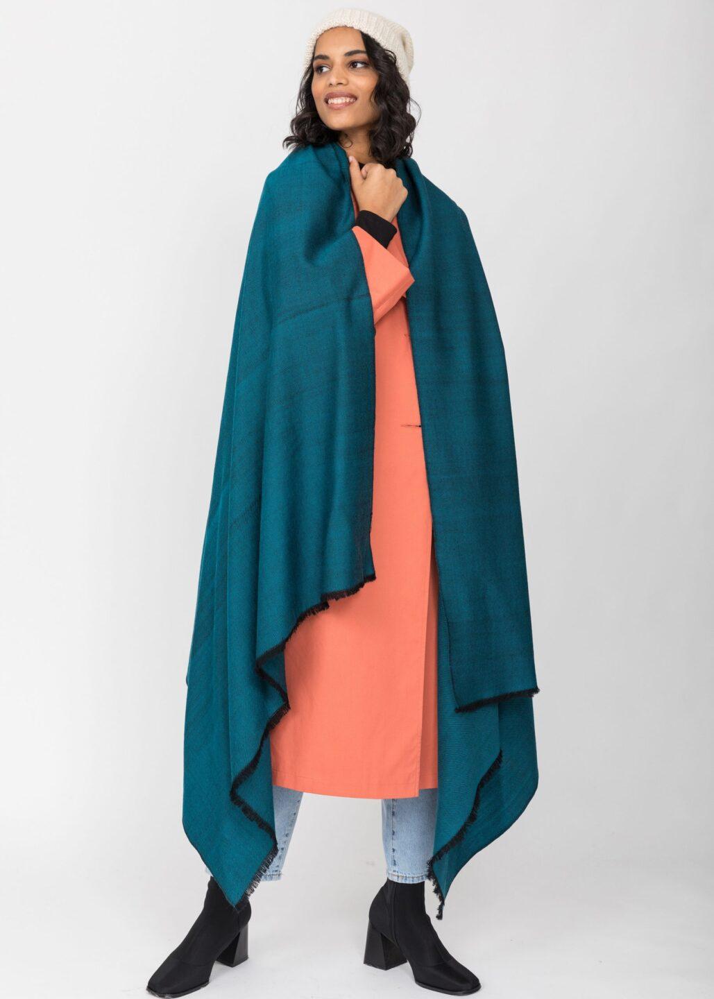 Handwoven Pashmina &amp; Blanket Scarf in Teal Twill Mix Weave 100 X 200cm