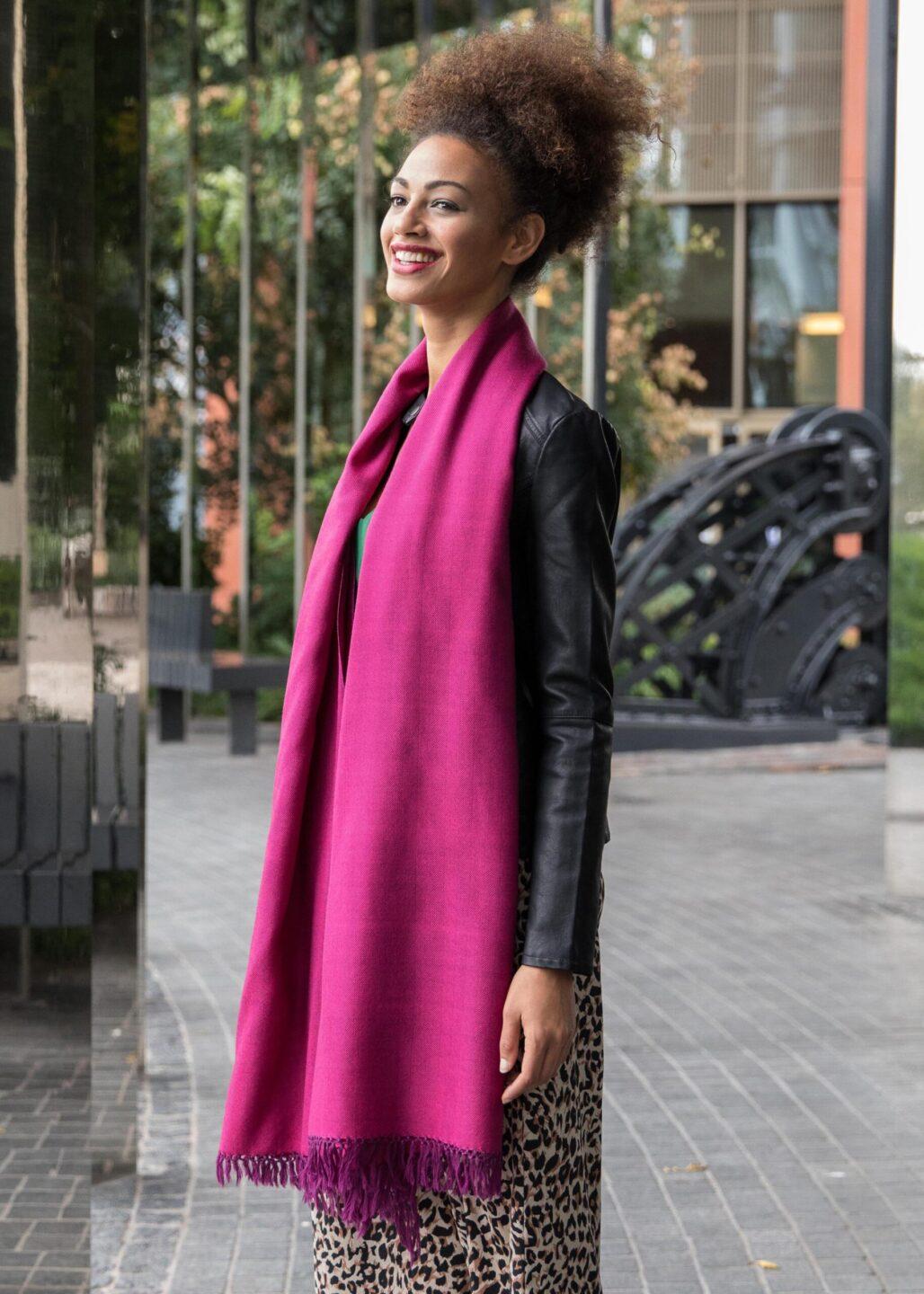 Handloom Merino Wool Herringbone Pashmina Scarf in Fuchsia Pink