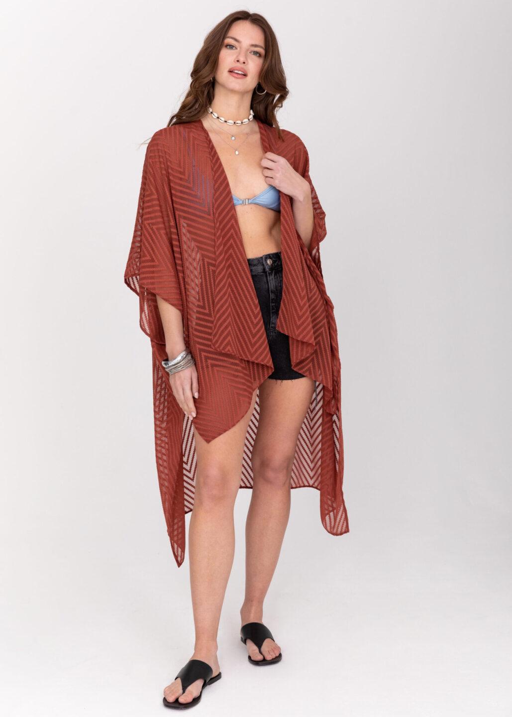 High Low Kimono Zig Zag Print Orange