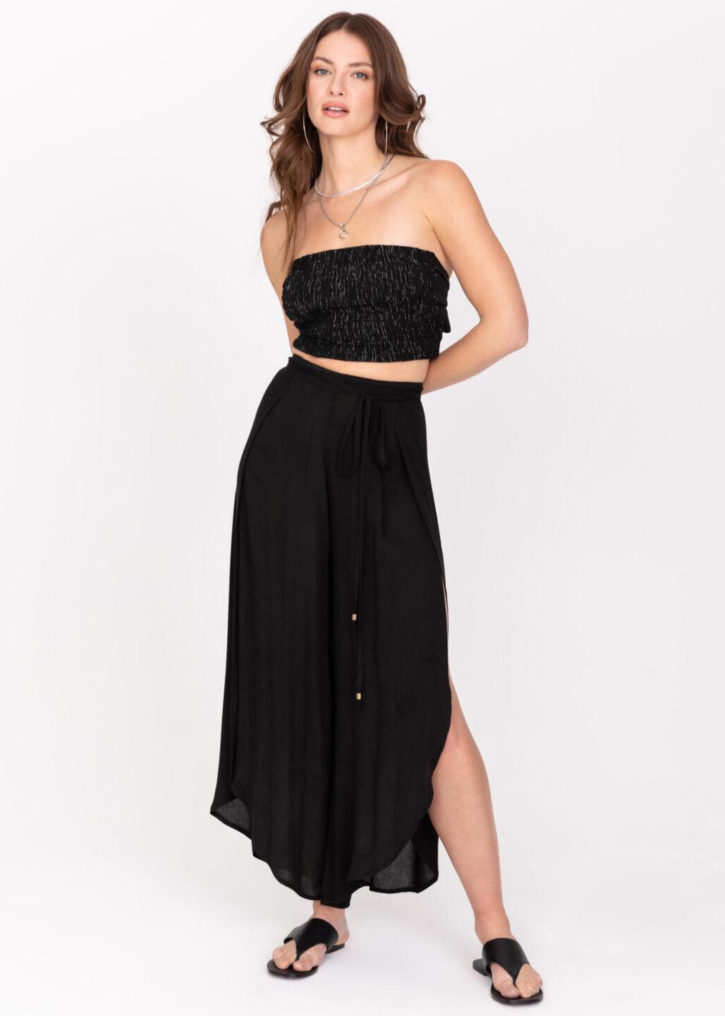 High Waisted Round Hem Side Slit Beach Trousers Black