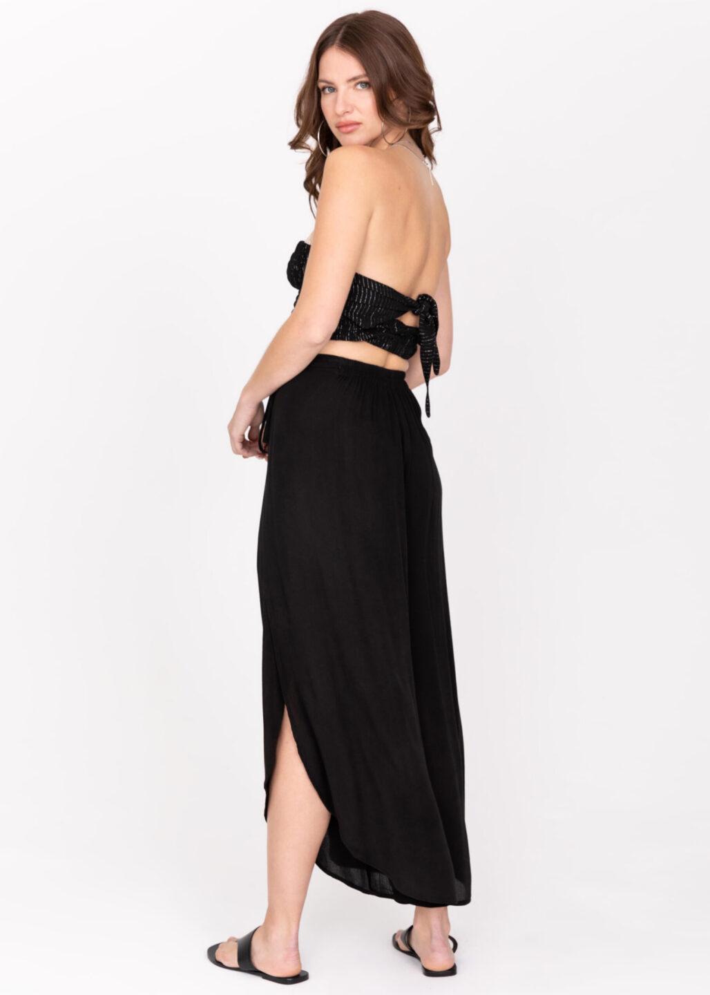 High Waisted Round Hem Side Slit Beach Trousers Black