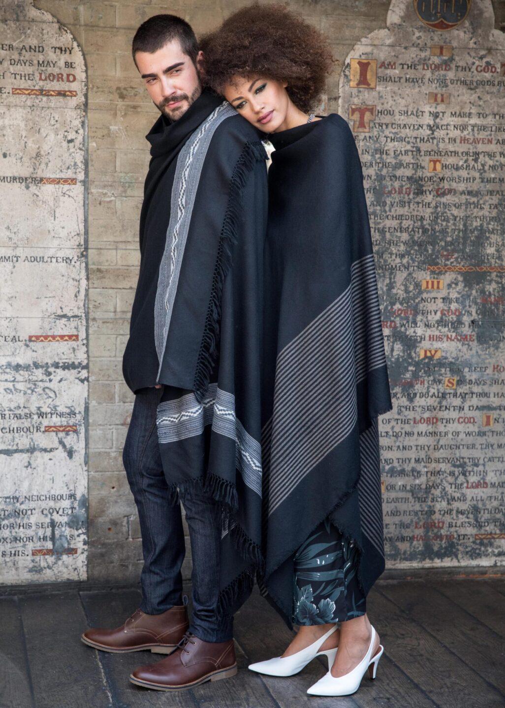 Handwoven Merino Wool Men's Blanket Scarf with Himalaya Border in Black