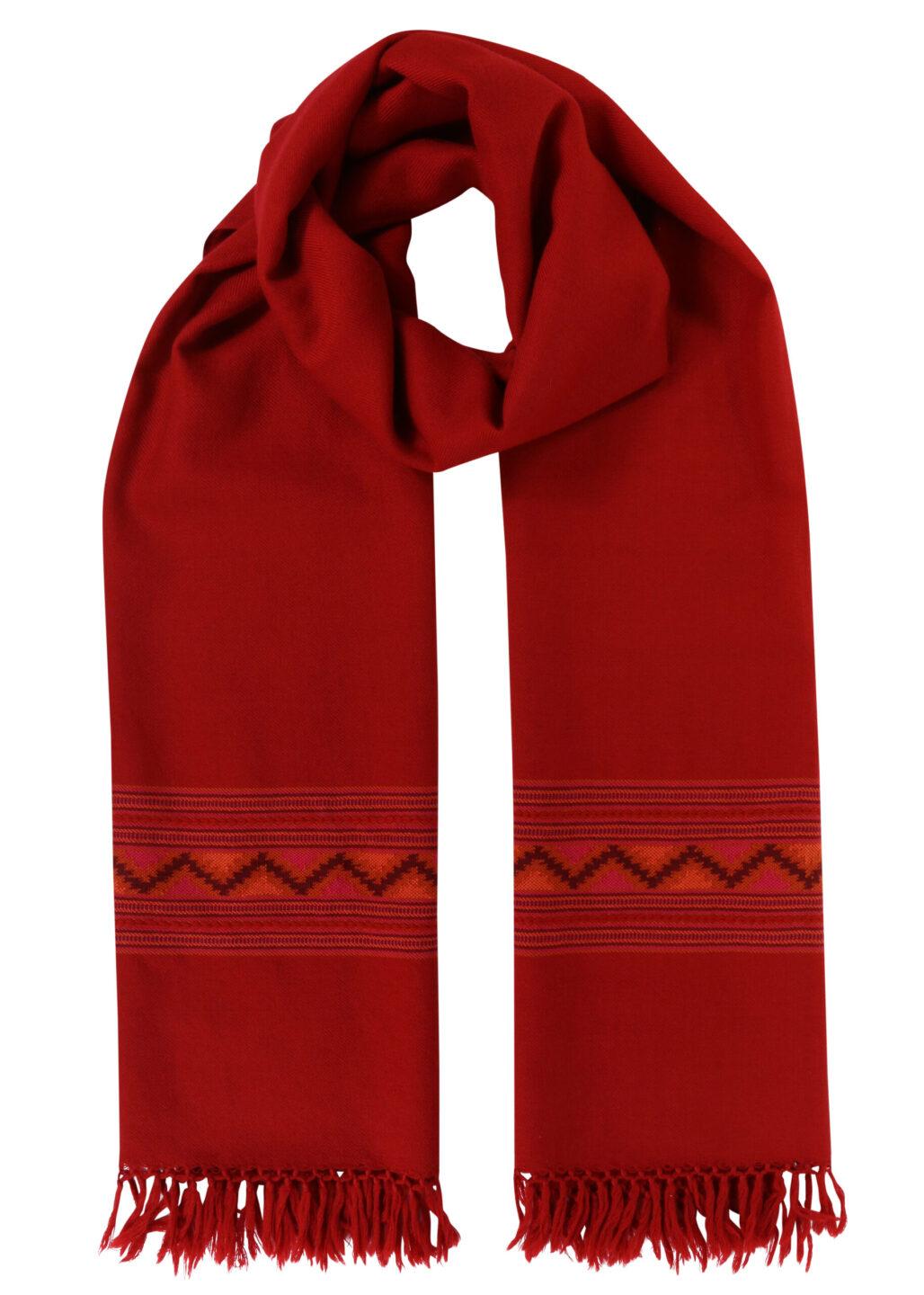 Handwoven Merino Wool Men's Blanket Scarf with Himalaya Border in Red