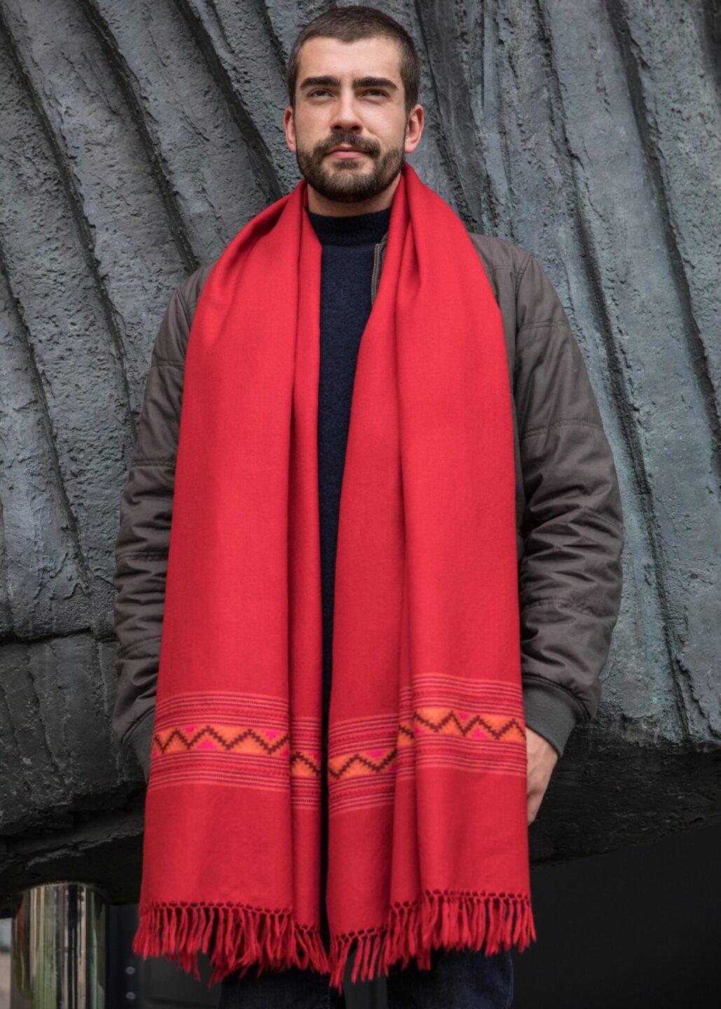 Handwoven Merino Wool Men's Blanket Scarf with Himalaya Border in Red