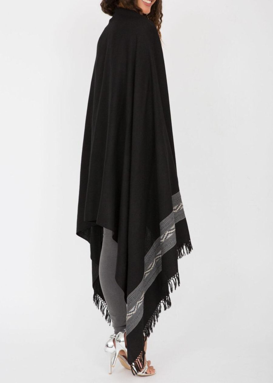 Handwoven Merino Wool Blanket Scarf with Himalaya Border in Black