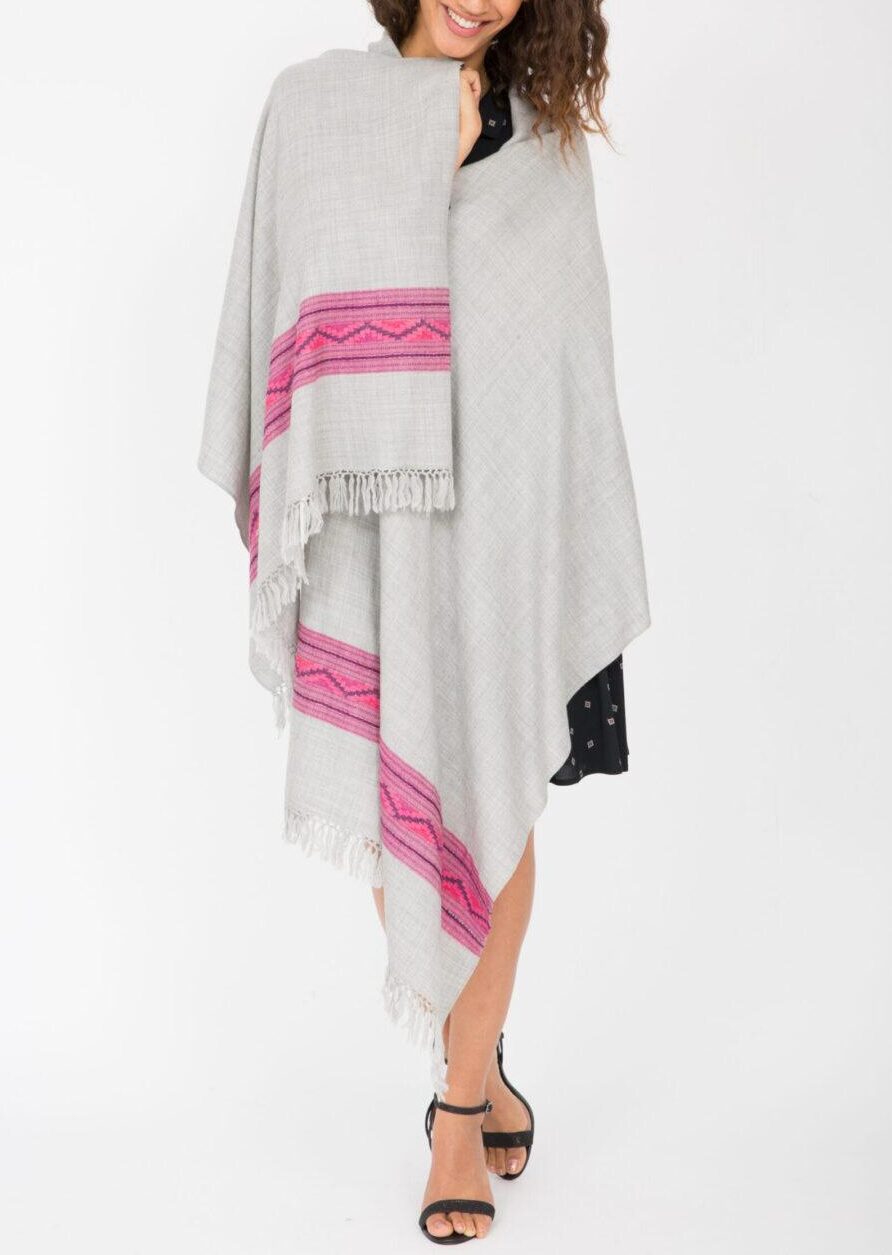 Handwoven Merino Wool Blanket Scarf with Himalaya Border in Grey