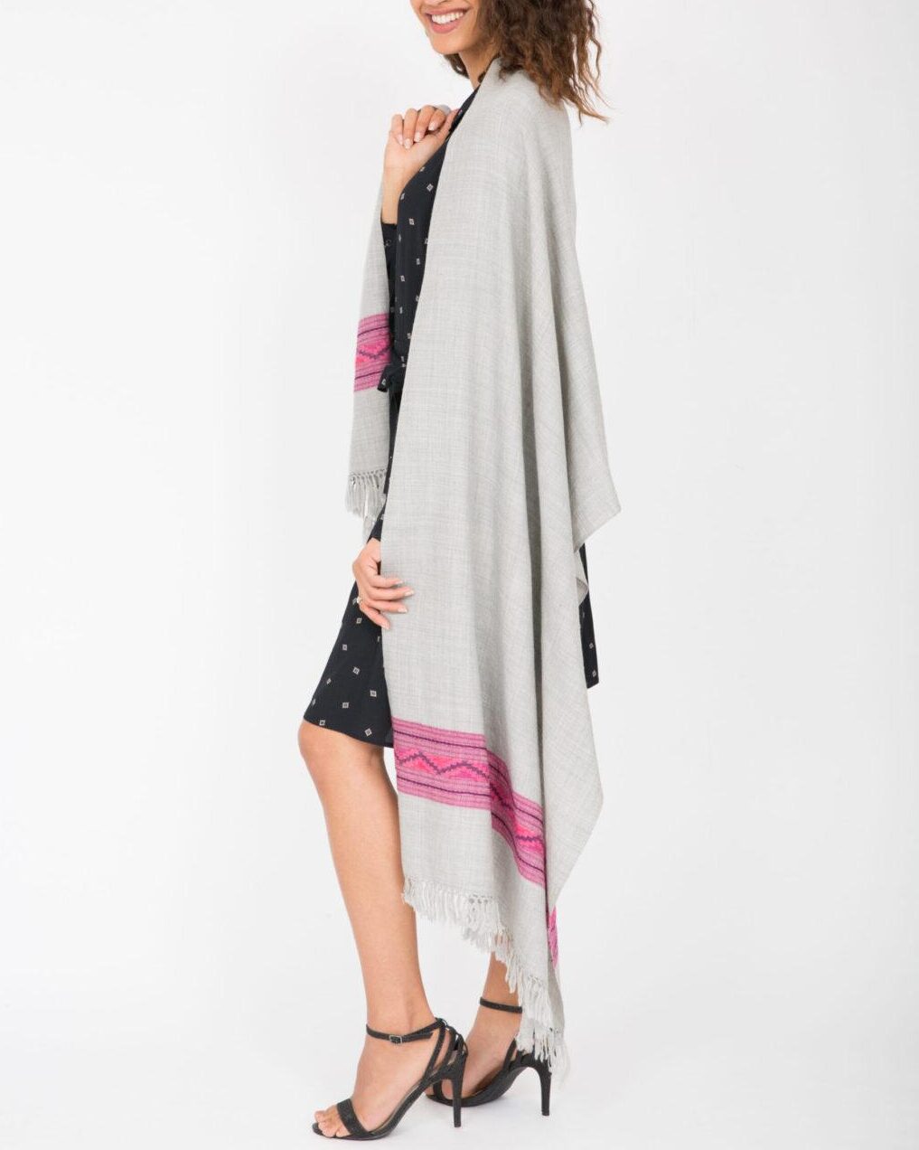 Handwoven Merino Wool Blanket Scarf with Himalaya Border in Grey