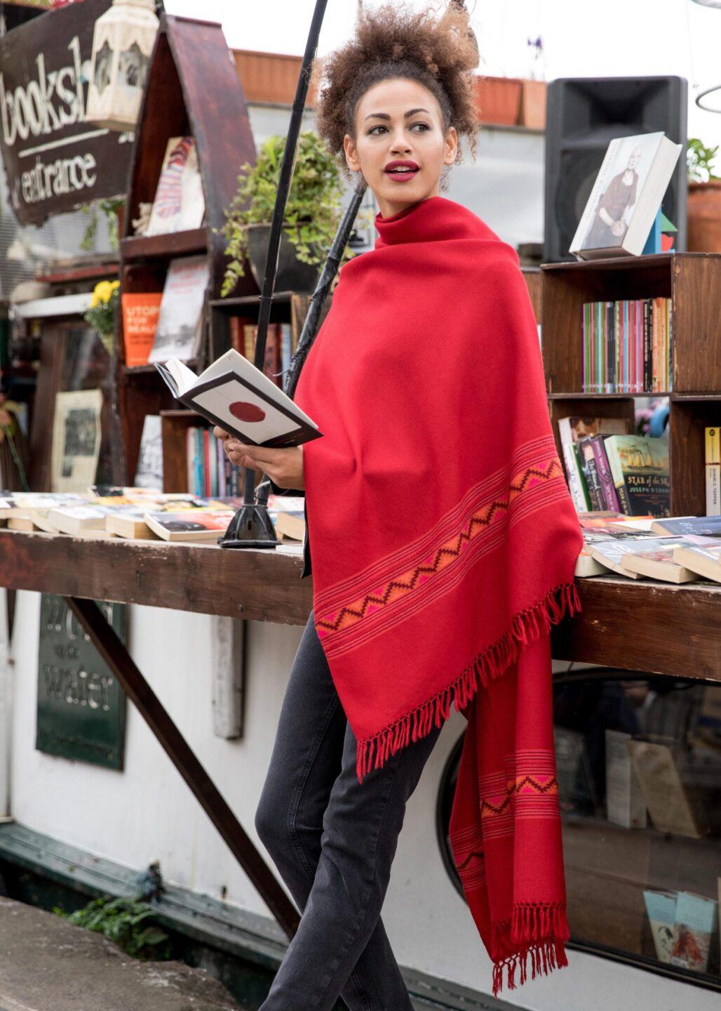 Handwoven Merino Wool Blanket Scarf with Himalaya Border in Red