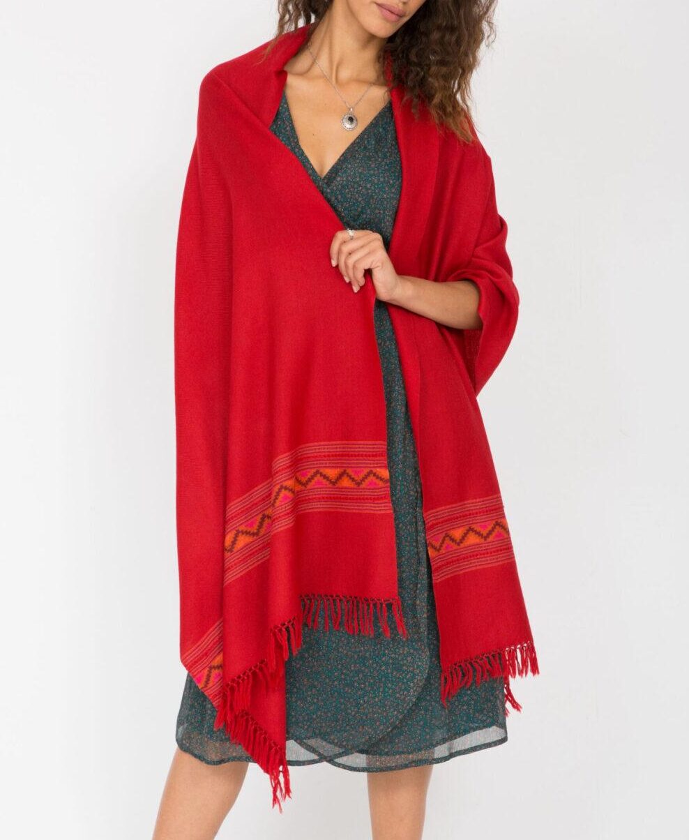 Handwoven Merino Wool Blanket Scarf with Himalaya Border in Red