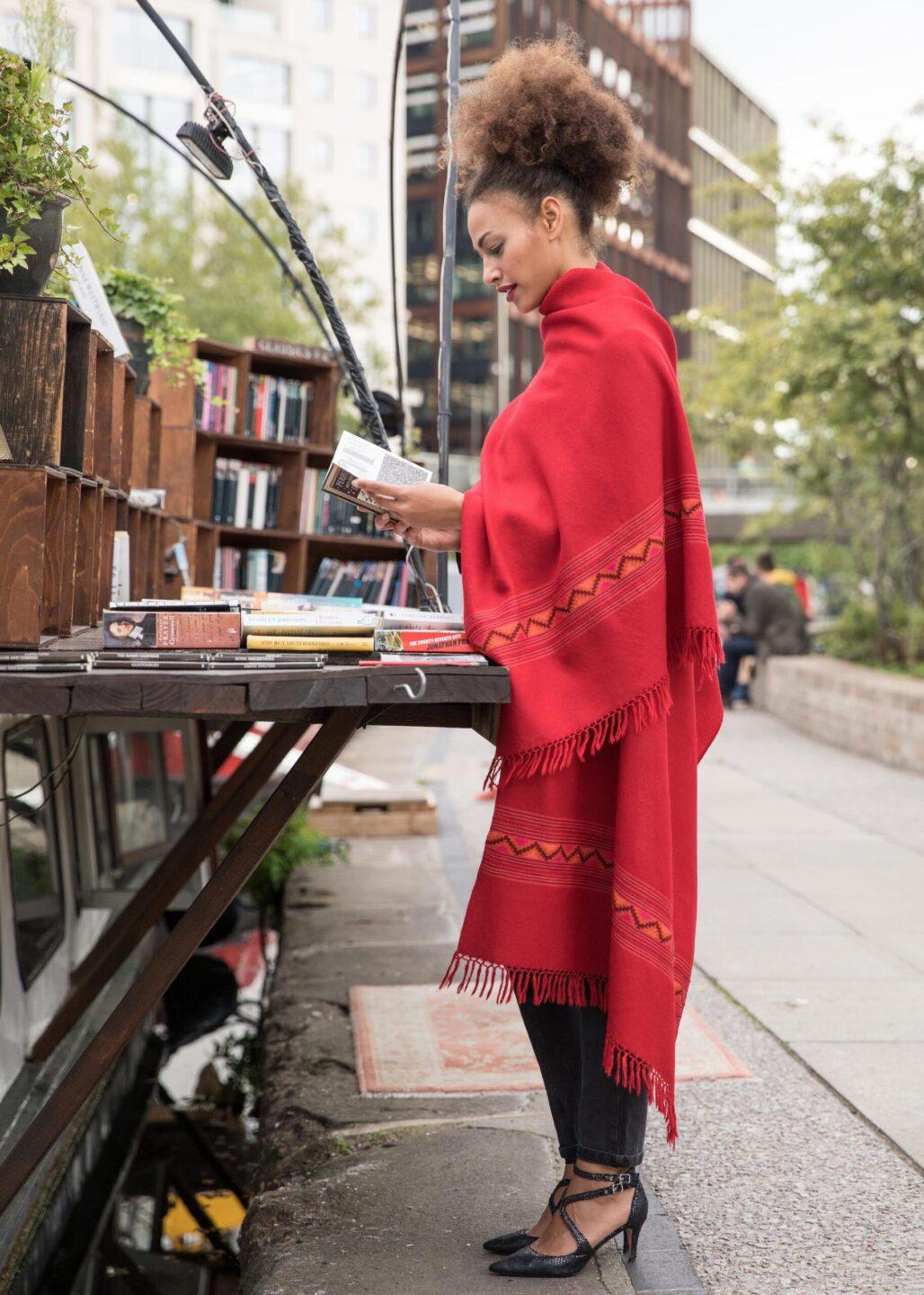 Handwoven Merino Wool Blanket Scarf with Himalaya Border in Red