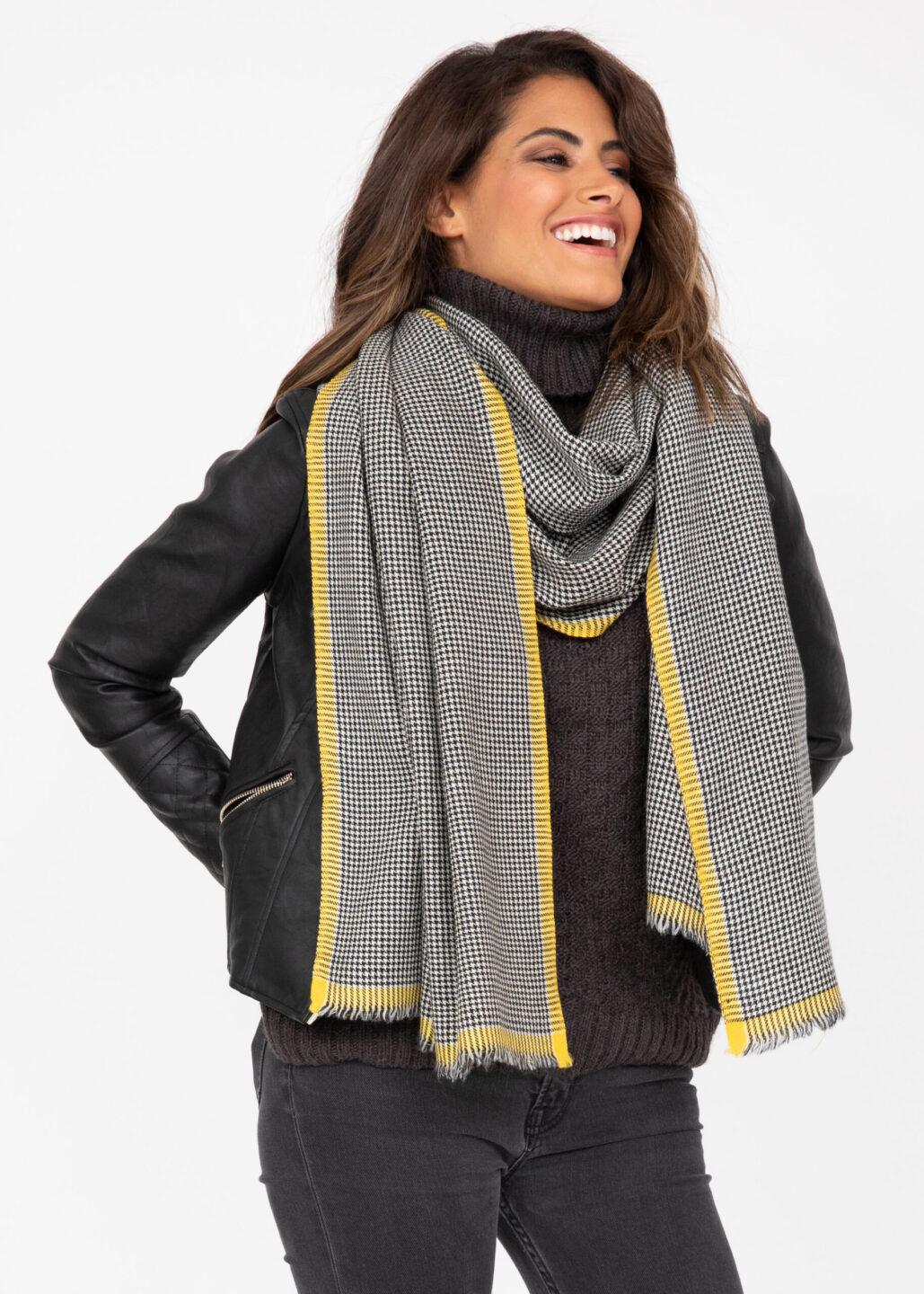 Houndstooth Merino Handwoven Pashmina & Oversize Scarf 75 X 200cm with Inca Yellow