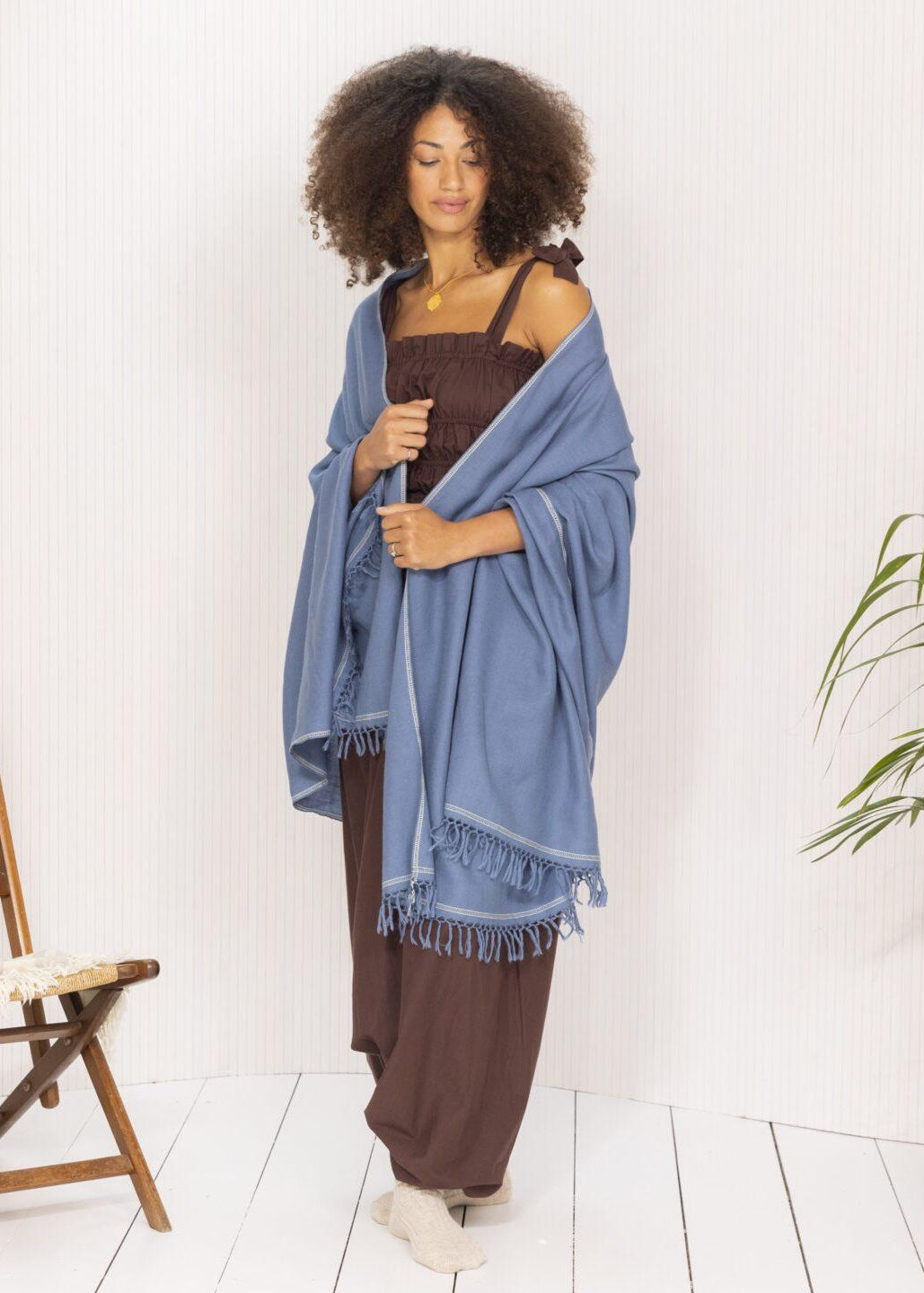 Jeans blue oversized scarf in merino wool â€“ ethically handmade and sustainable, with hand-knotted fringing, making it a great gift option.