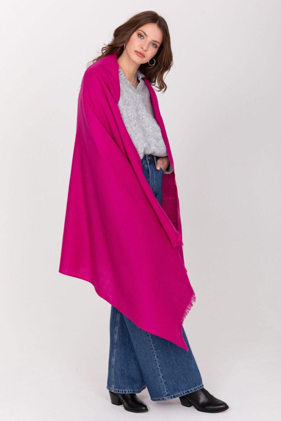 Ethically Handwoven Multi-Use Merino Wool Blanket Scarf in Fuchsia Pink