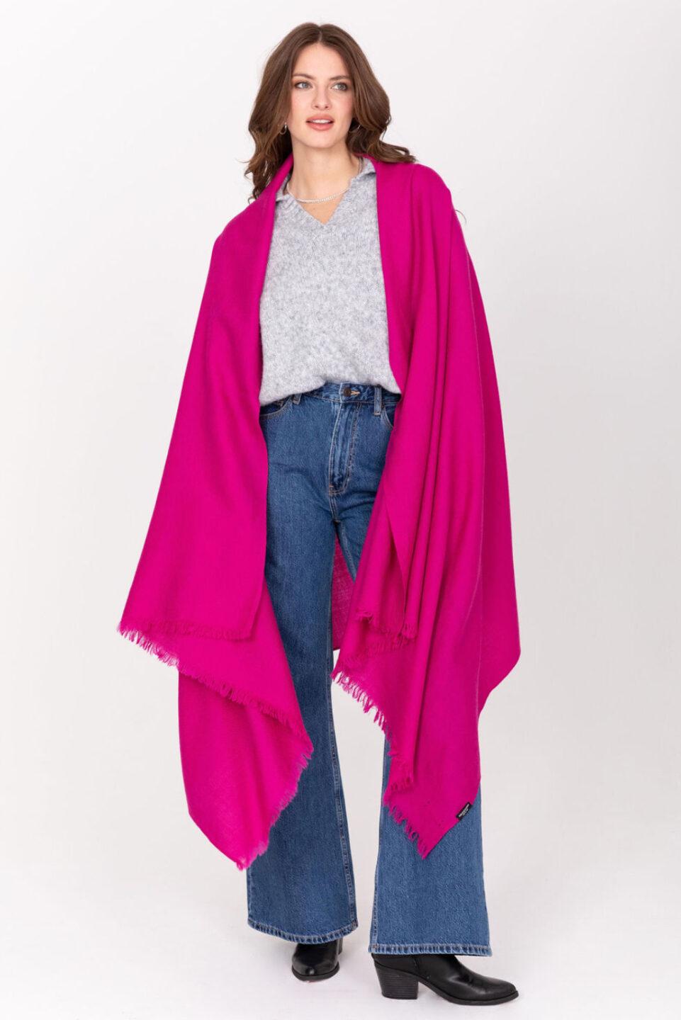 Ethically Handwoven Multi-Use Merino Wool Blanket Scarf in Fuchsia Pink