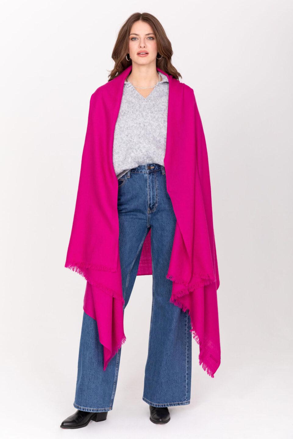 Ethically Handwoven Multi-Use Merino Wool Blanket Scarf in Fuchsia Pink