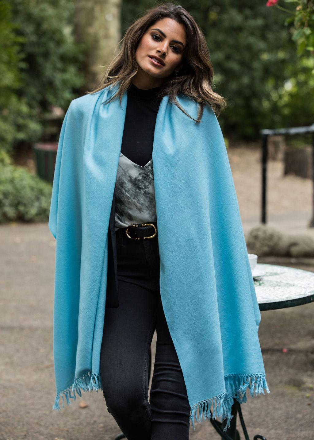 Ethically Handwoven Merino Wool Blanket Scarf in Crystal Blue