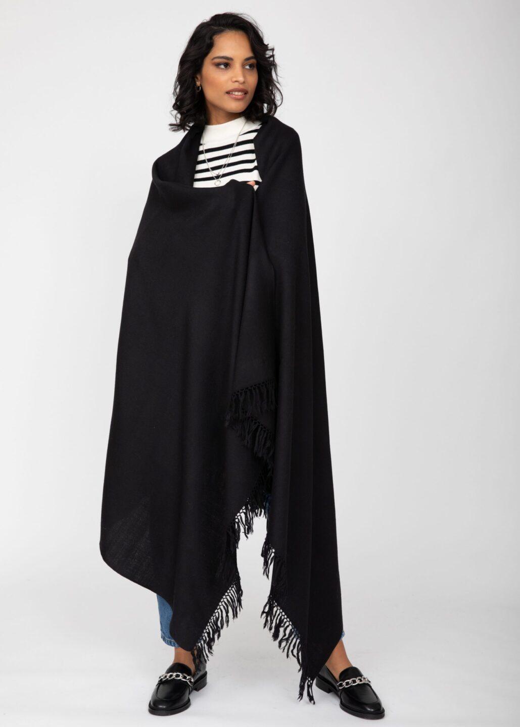 Kasa Merino Wool Pashmina &amp; Oversize Scarf 100 X 200cm Black