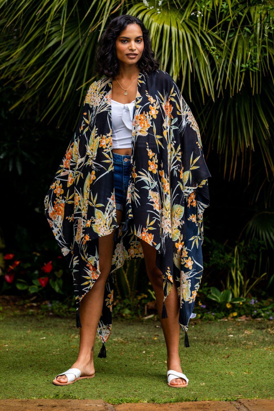 Kimono and Scarf with Tassels and Shells in Floral Print