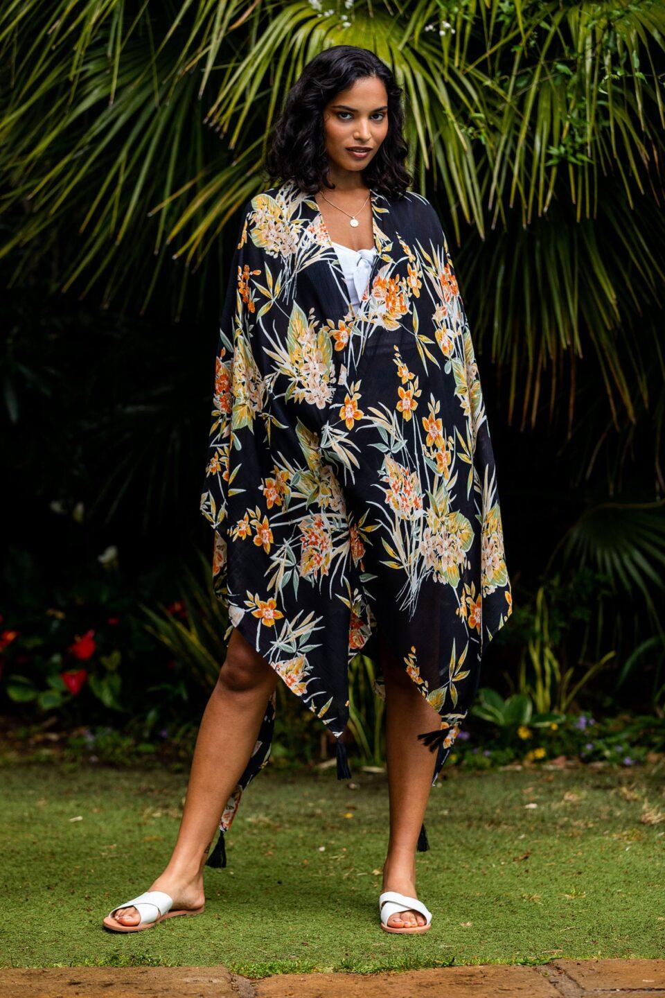 Kimono and Scarf with Tassels and Shells in Floral Print