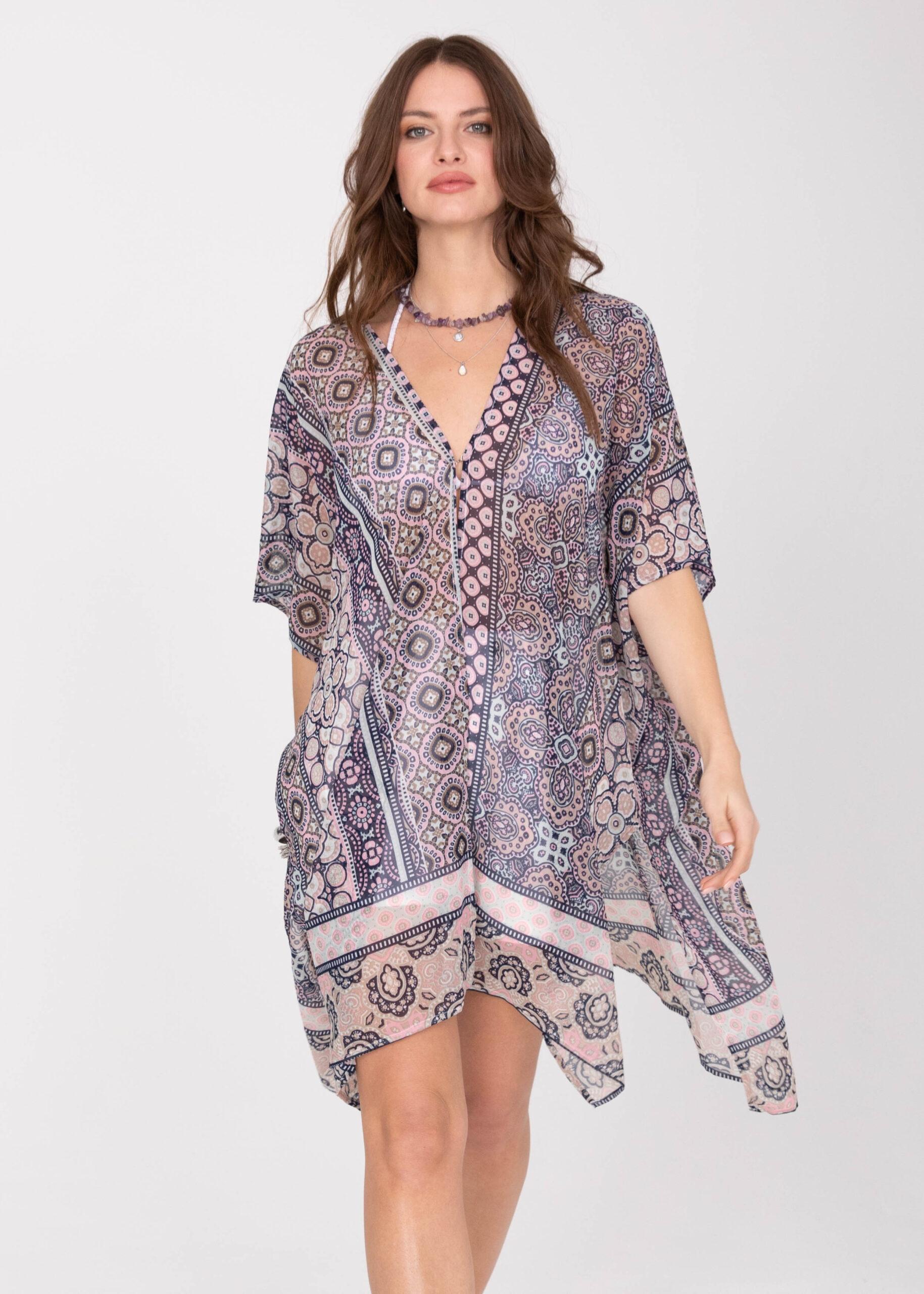 Kimono Cover Up with Belt in Pink Kaleidoscope Print