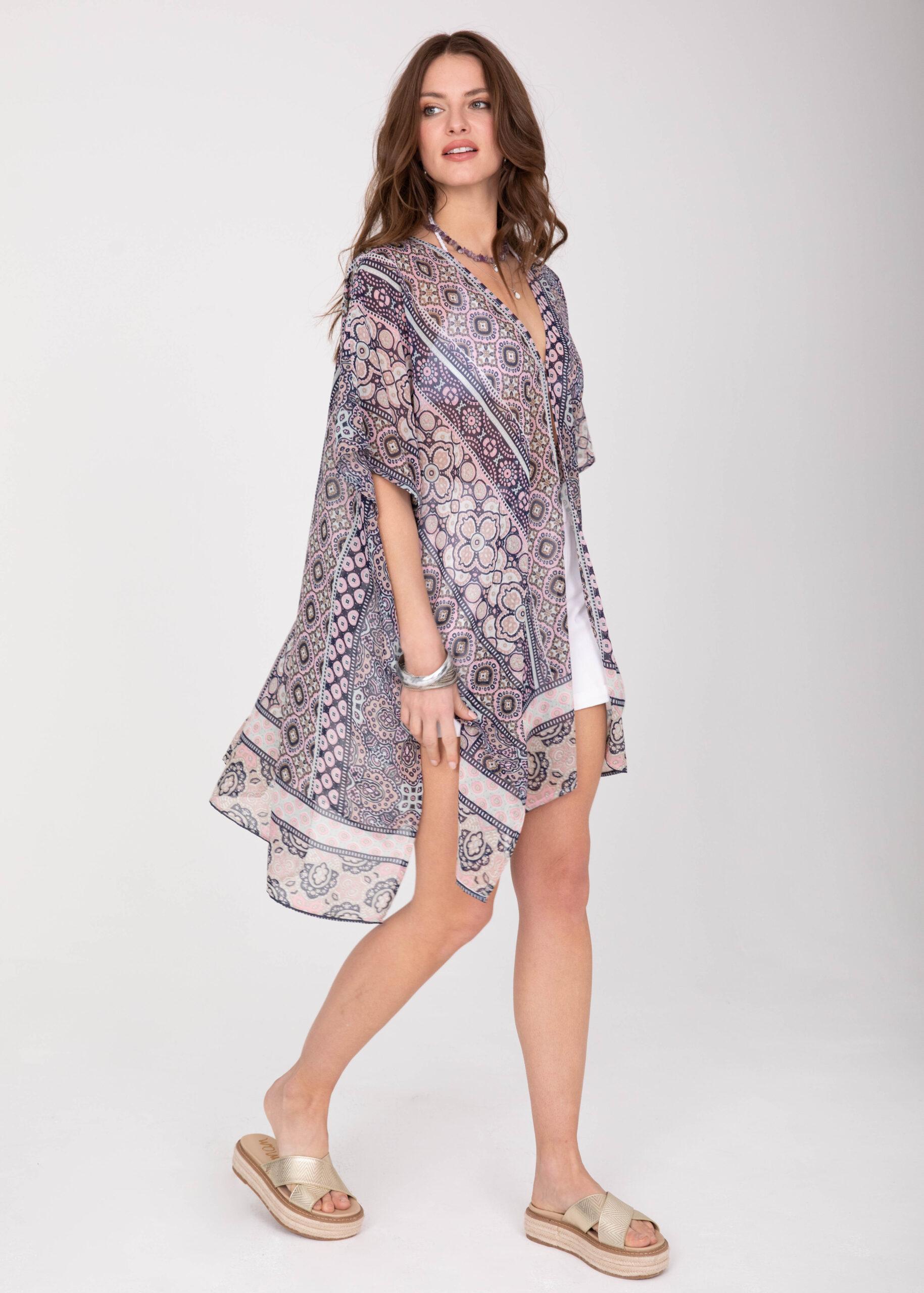 Kimono Cover Up with Belt in Pink Kaleidoscope Print