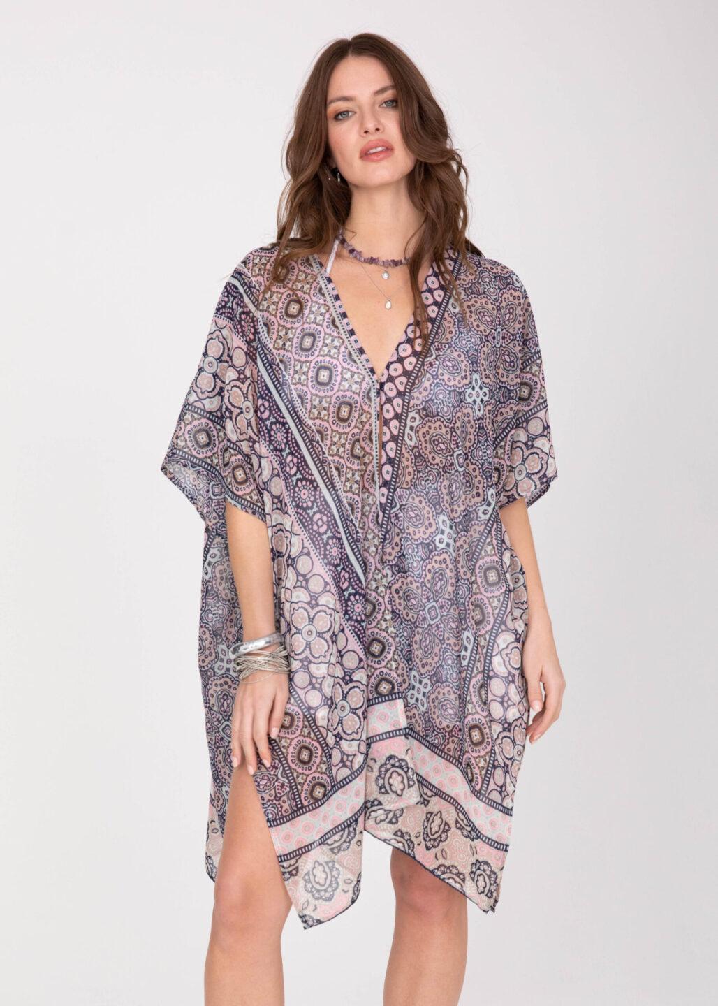 Kimono Cover Up with Belt in Pink Kaleidoscope Print