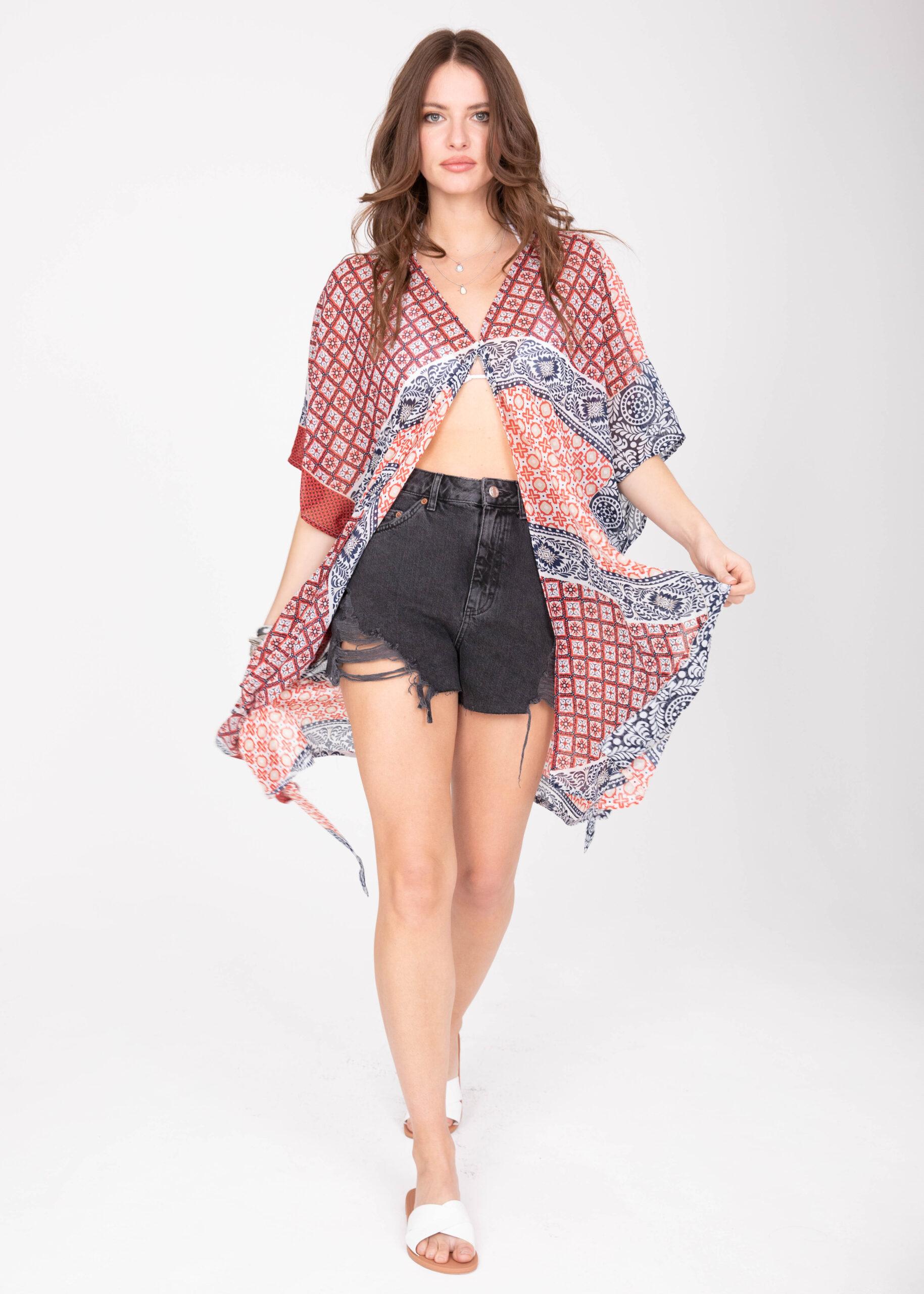 Kimono Cover Up with Belt in Red & Blue Marrakesh Print