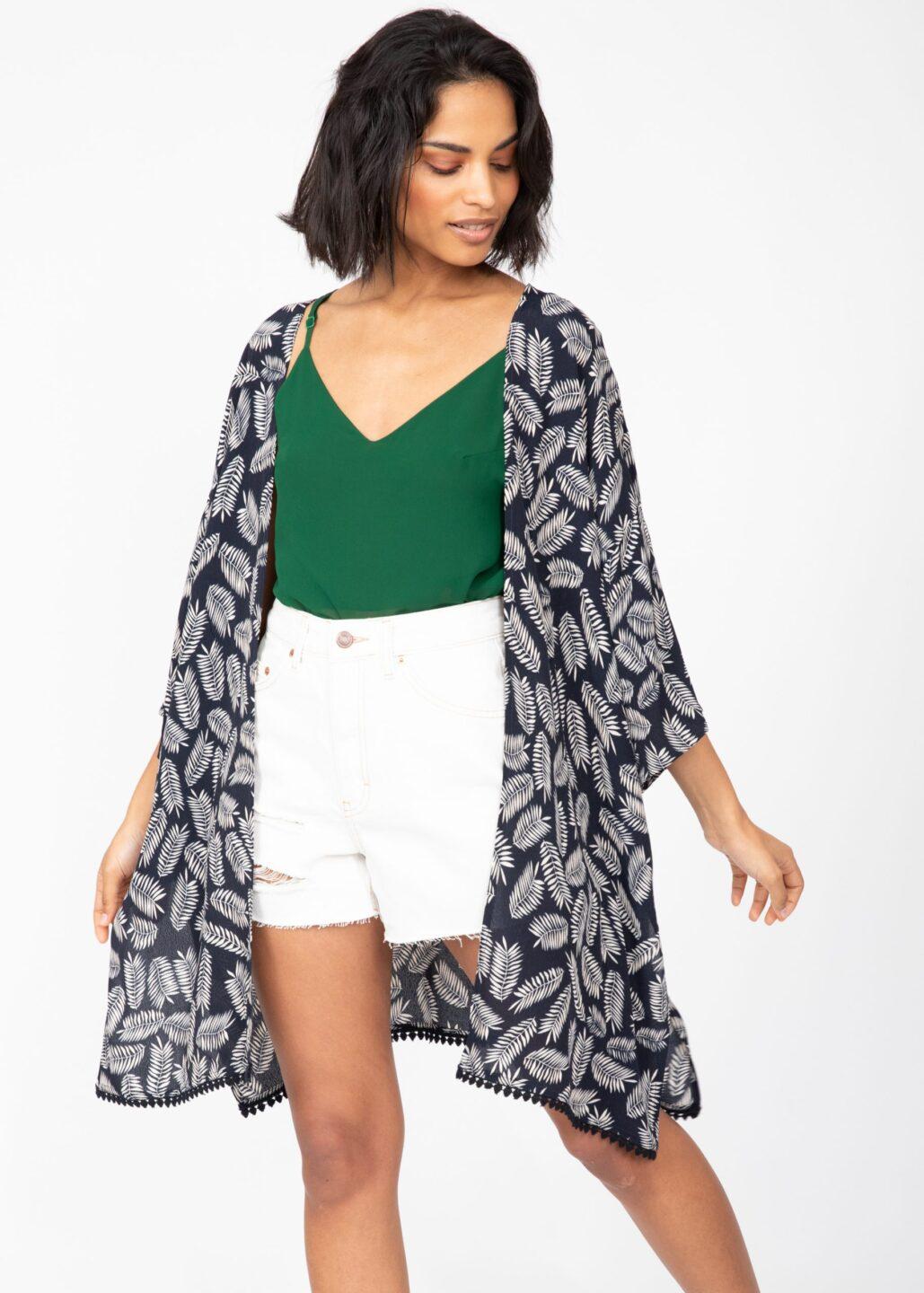 Kimono Cover Up with Lace Trim in Midnight Blue & White Leaves