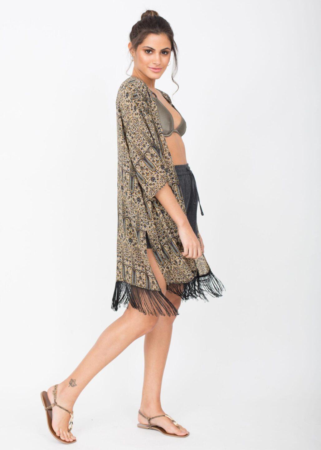 Kimono Cover Up With Tassels Paisely Print