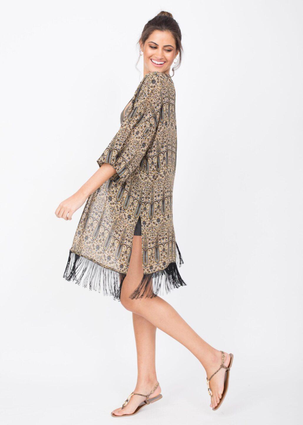 Kimono Cover Up With Tassels Paisely Print