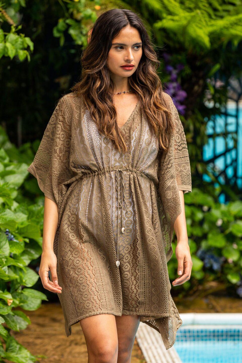 Lace Cotton Kaftan in Khaki