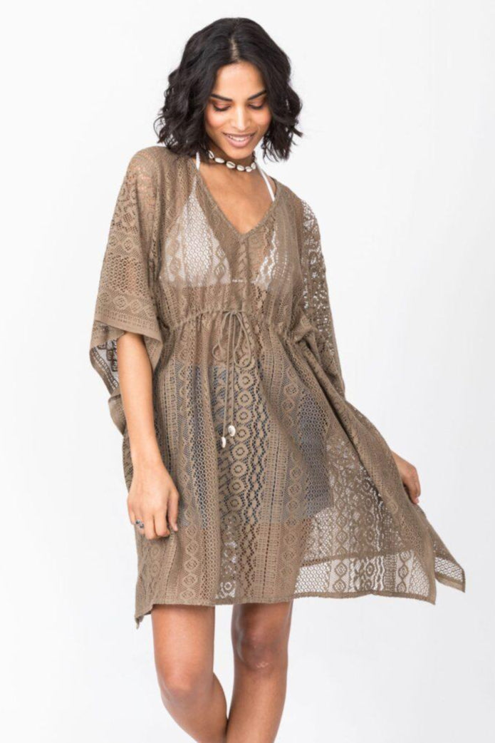 Lace Cotton Kaftan in Khaki