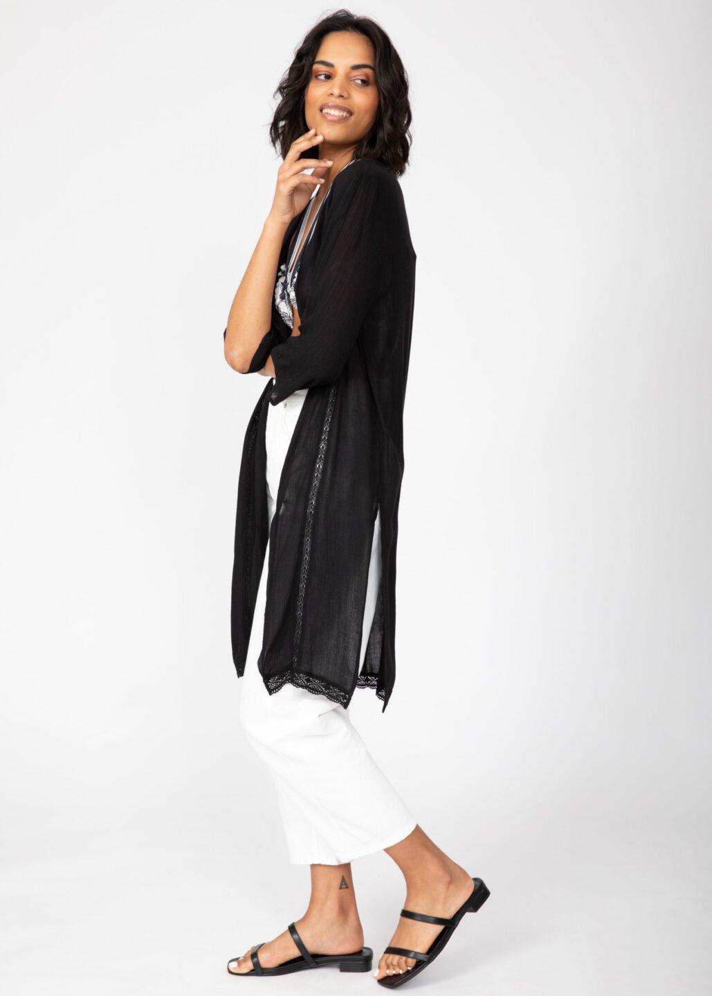 Lace Trim Crinkle Summer Kimono Kaftan Black