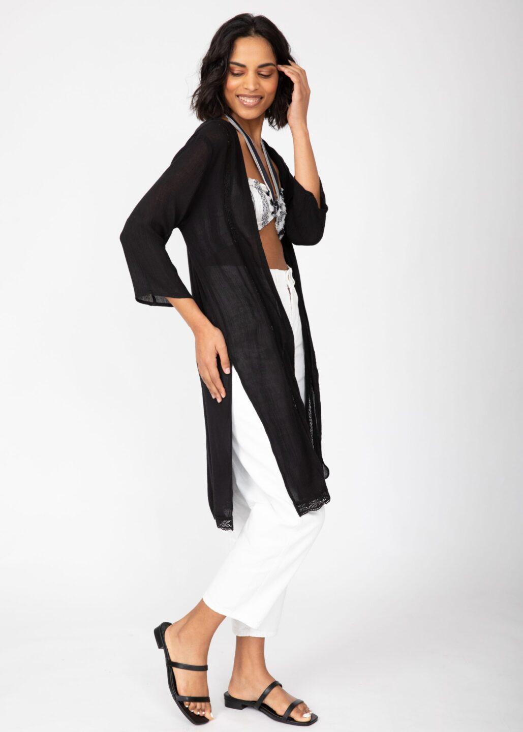 Lace Trim Crinkle Summer Kimono Kaftan Black